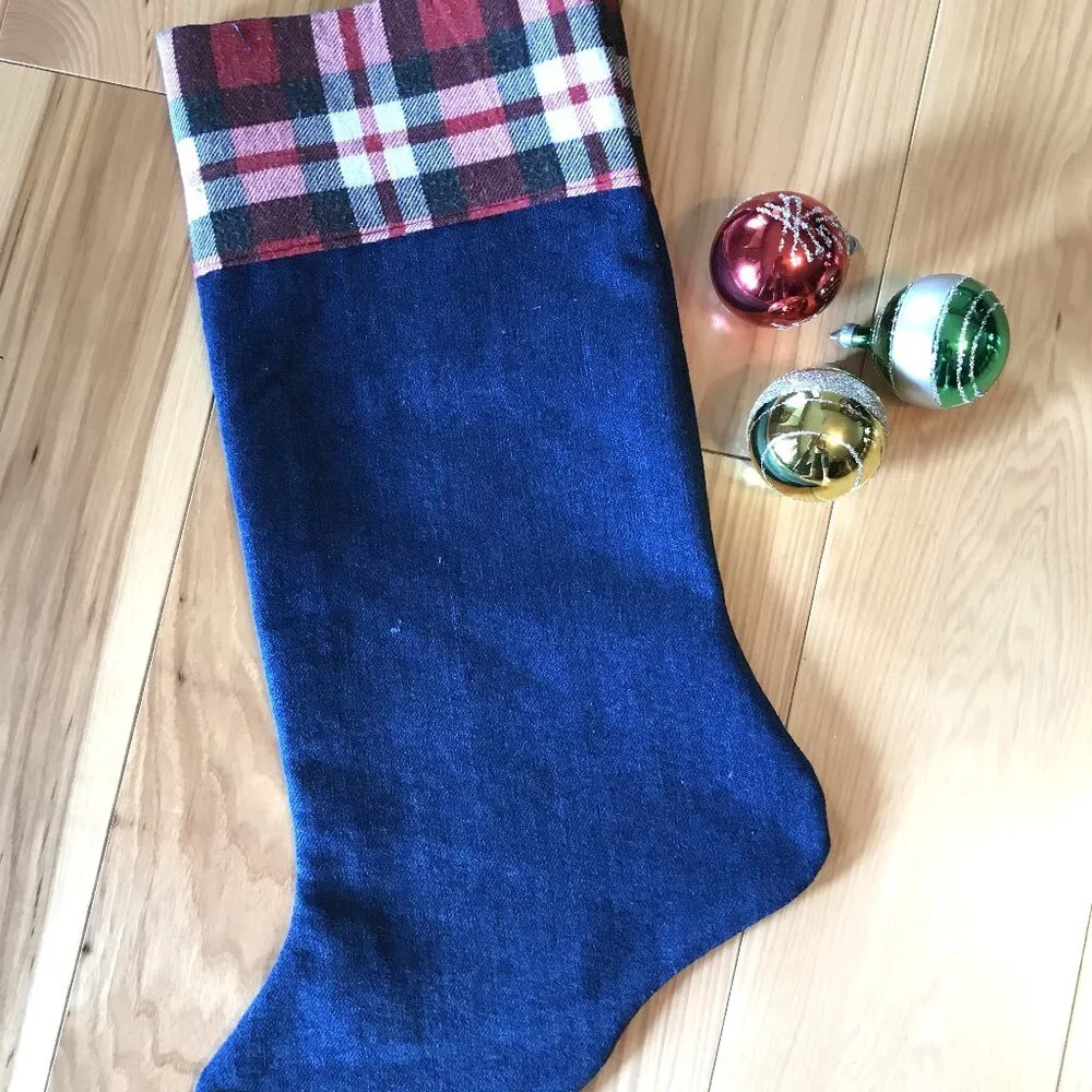 Handmade Denim Christmas Stocking, Mountains Cabin Decor Camping Fishing M-L